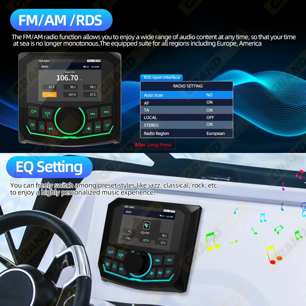 Marine RadioMP5 Player Boat Stereo For Yacht RV ATV UTV Golf Cart FM
