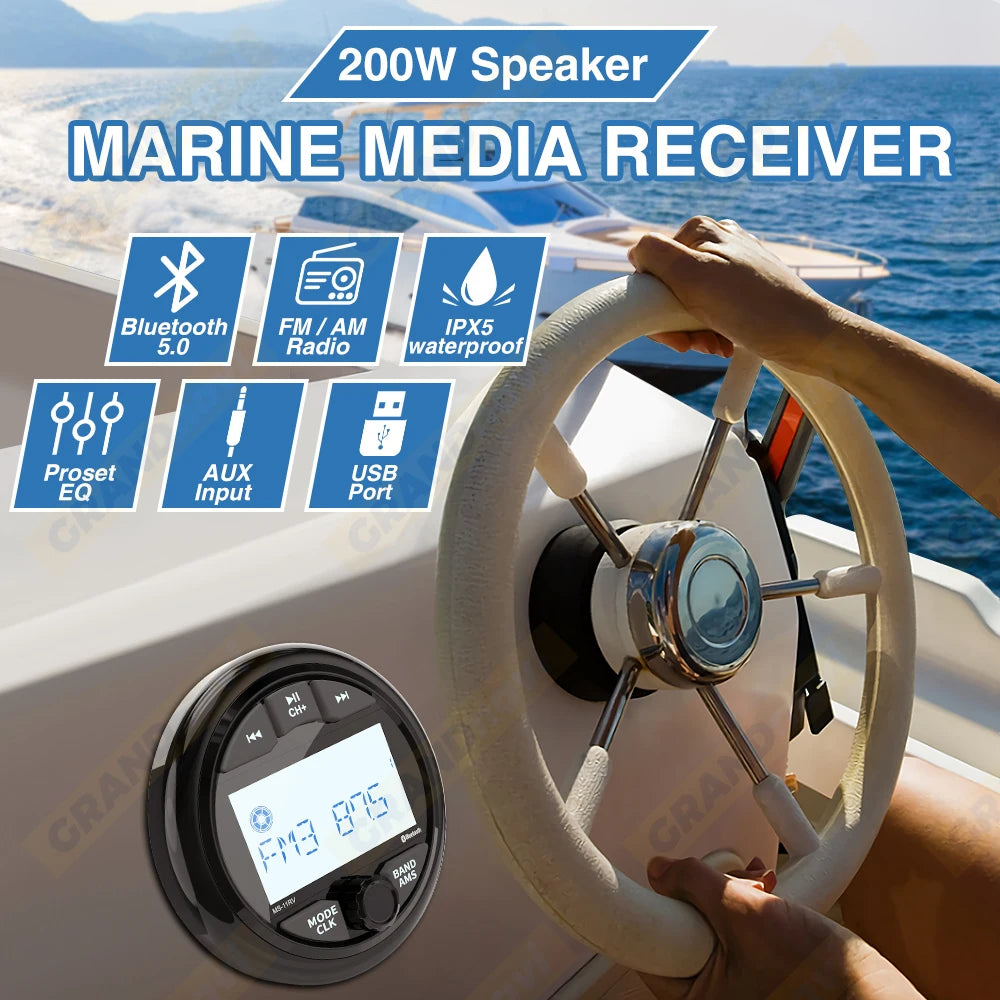 GRANDnavi Marine Stereo Boat Radio IPX5 Waterproof Bluetooth FM AM