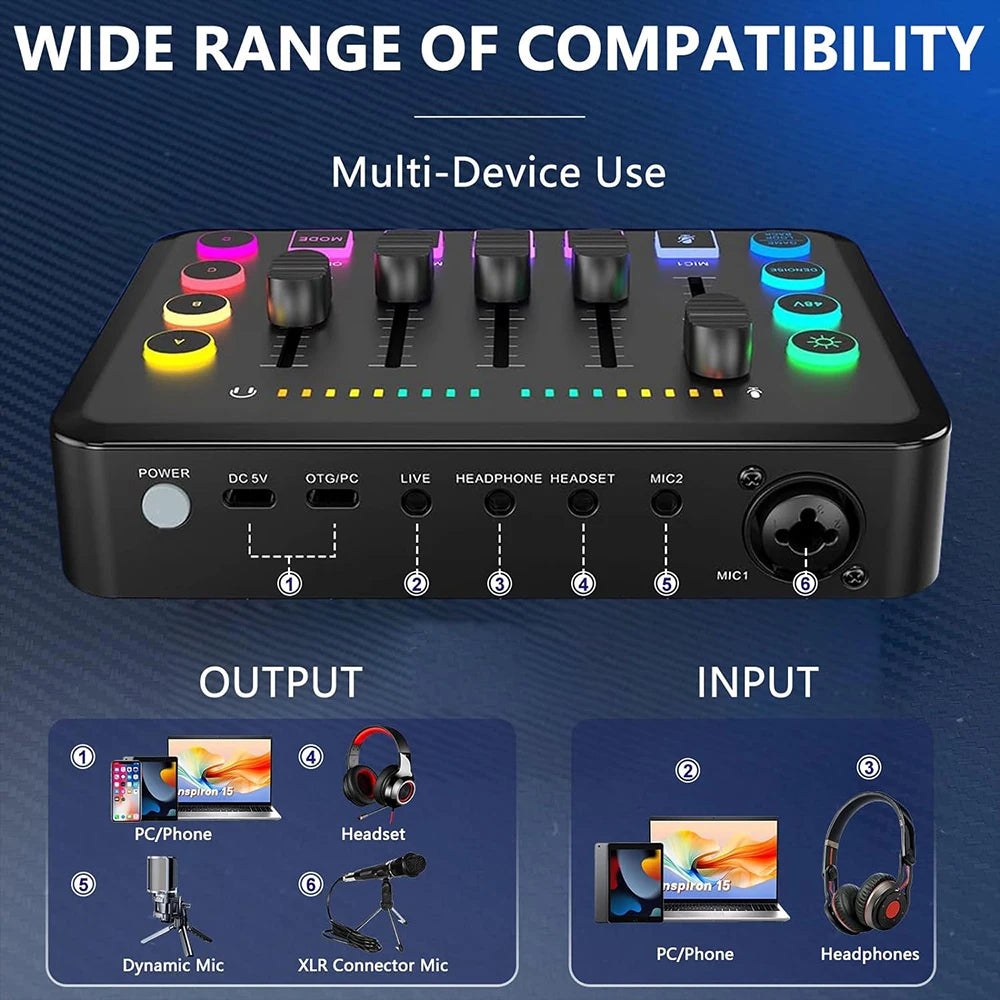 Gaming Audio Mixer,Rechargeable Audio Interface RGB Mixer with XLR