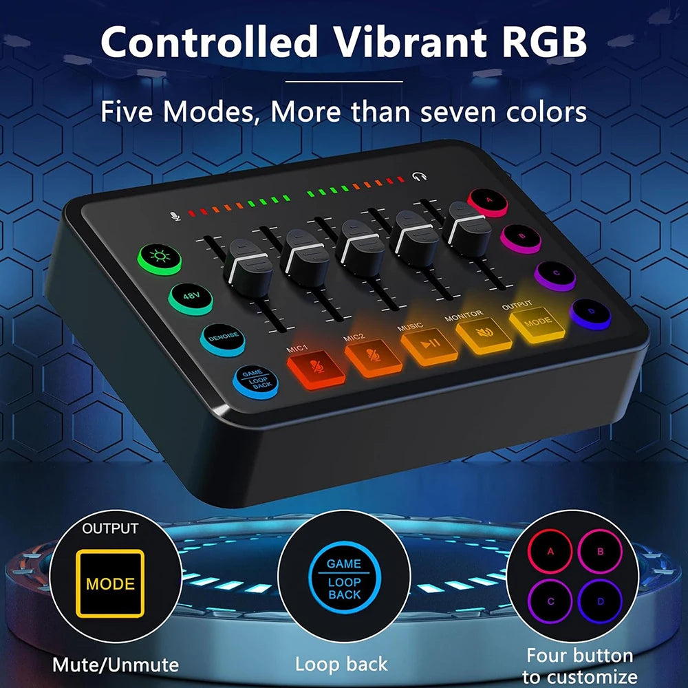 Gaming Audio Mixer,Rechargeable Audio Interface RGB Mixer with XLR