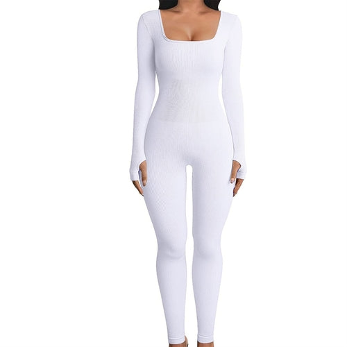 Women's Yoga Sports Fitness Jumpsuit Workout Long Sleeve Square Collar