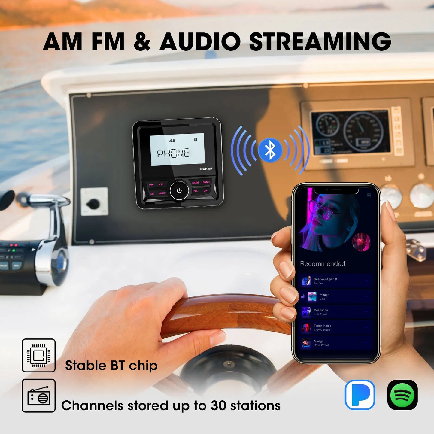 GRANDnavi Marine Radio Boat Stereo Bluetooth FM AM Digital Media Audio
