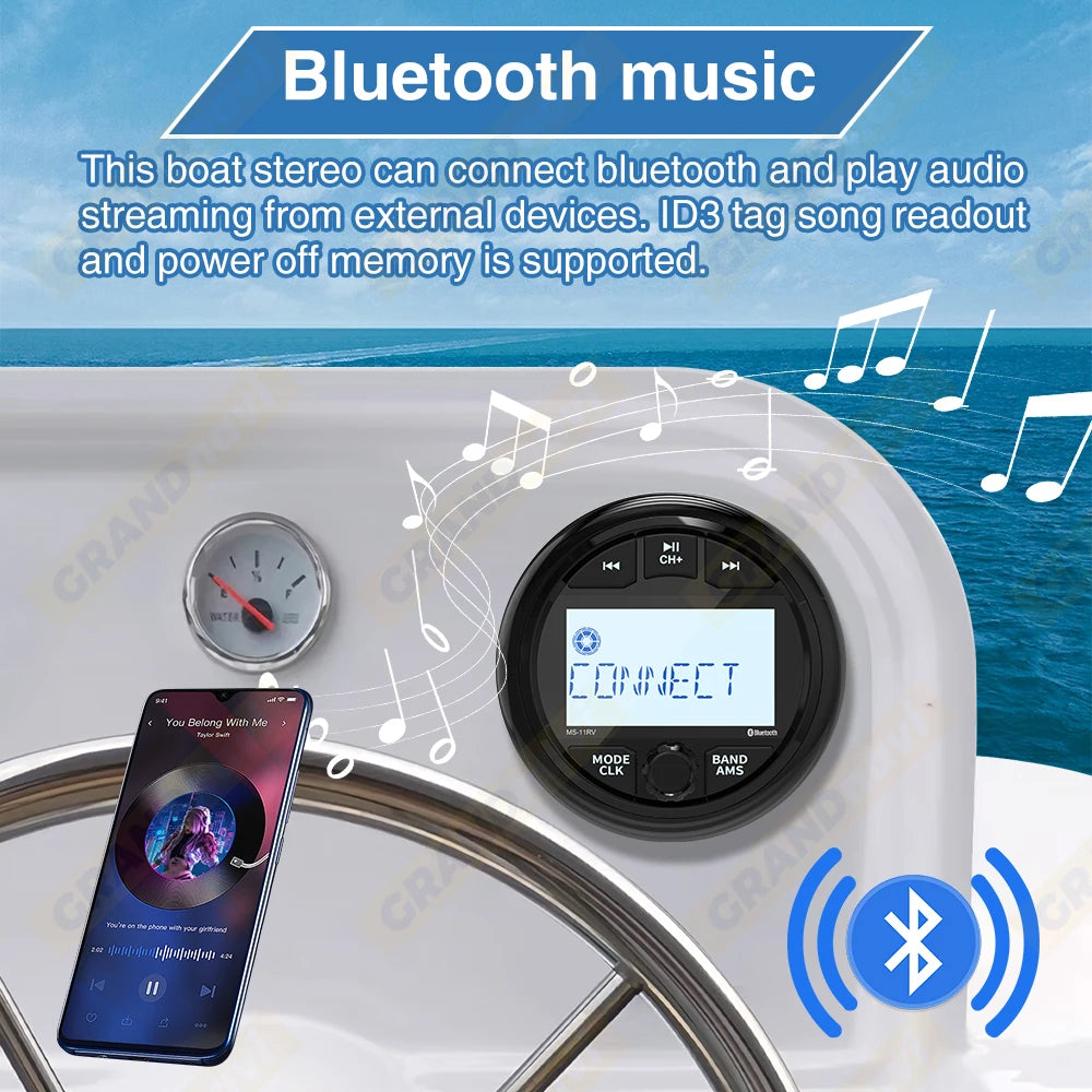 GRANDnavi Marine Stereo Boat Radio IPX5 Waterproof Bluetooth FM AM