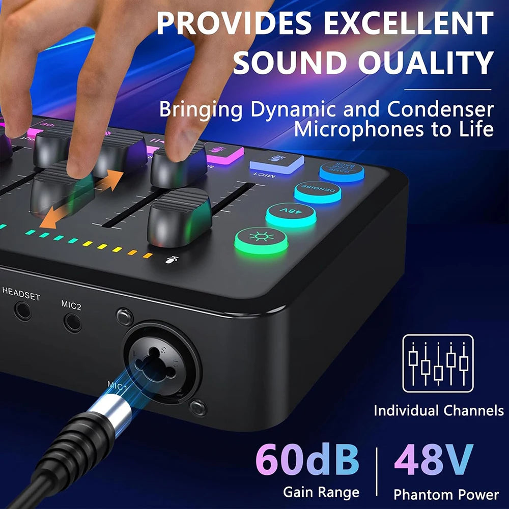 Gaming Audio Mixer,Rechargeable Audio Interface RGB Mixer with XLR